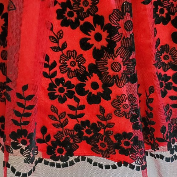 Jona Michelle Girls 5 Black Red Fancy Party Swing Dress Floral Flock Mesh Skirt - Picture 6 of 9